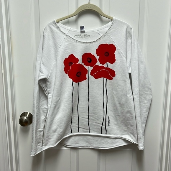 Marushka Handpainted Poppies' Ladies' Crew Fleece Raw-Edge Pullover - Small‎ - Picture 1 of 6